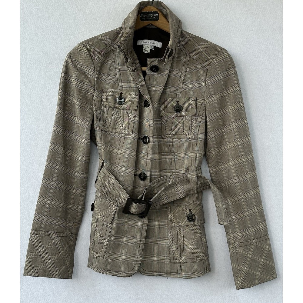 ZARA Blazer Plaid Belted Preppy Office Women M Brown Excellent